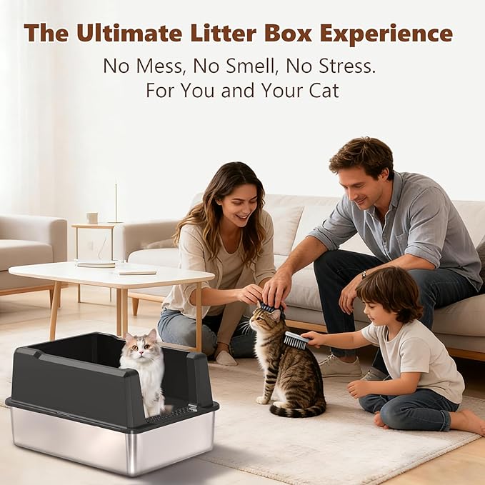 Jumbo Stainless Steel Cat Litter Box, Open Top Litter Box with 13.7" High Sides to Stop Scatter, Large Cat Litter Box for Multiple Cats, Easy Clean & Odor Resistant, Includes Scoop