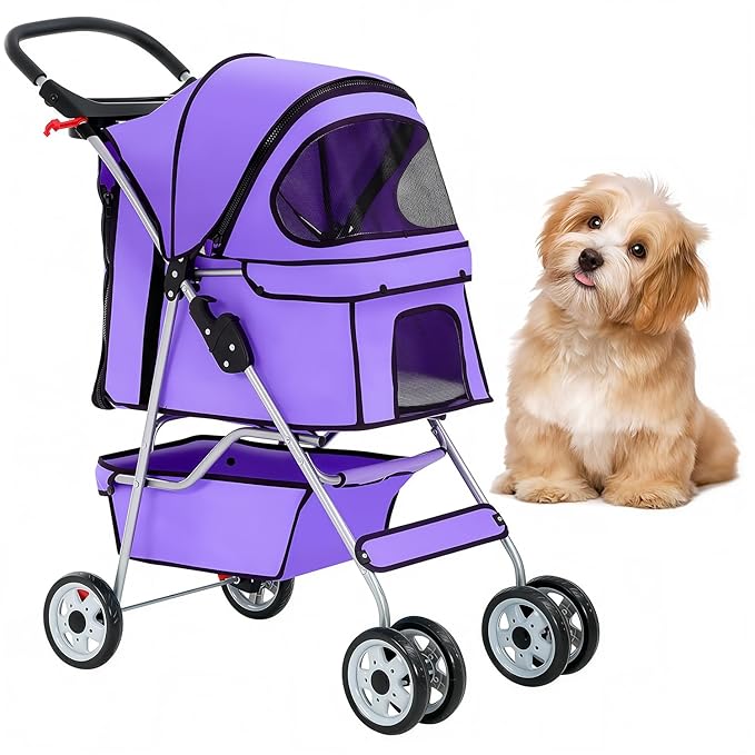 BestOffice Pet Stroller for Small Medium Dogs & Cats, 4-Wheel Foldable Dog Stroller with Cup Holder, Lightweight Travel Carrier, Waterproof Design for Outdoor Walks,Purple