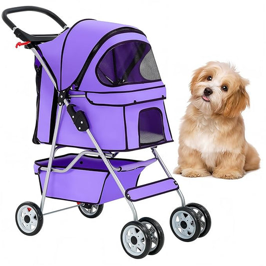 BestOffice Pet Stroller for Small Medium Dogs & Cats, 4-Wheel Foldable Dog Stroller with Cup Holder, Lightweight Travel Carrier, Waterproof Design for Outdoor Walks,Purple