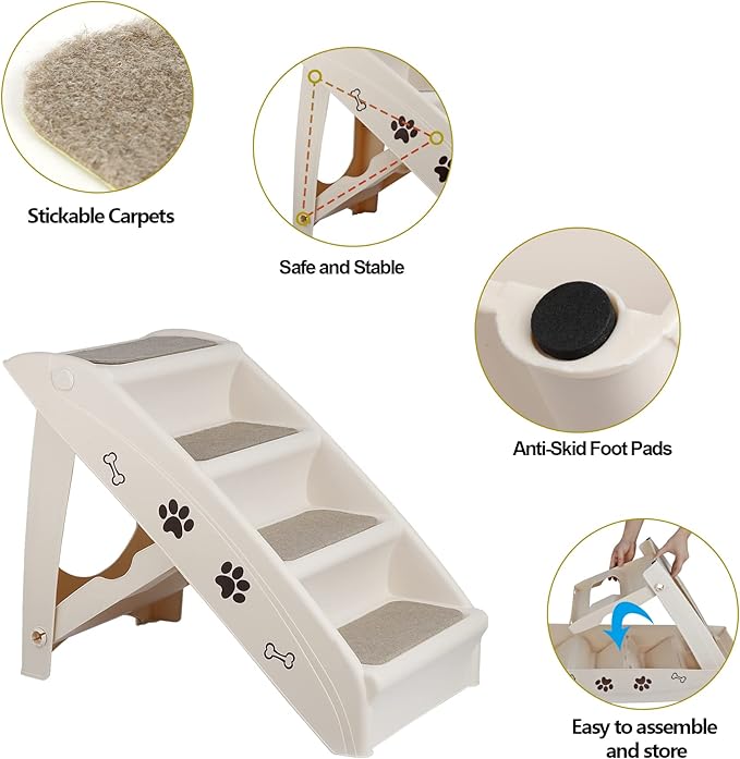 Dog Stairs & Steps for High Beds Folding Pet Ladder for Small Dogs Plastic Anti-Slip Safe Cat Ramp, No Assembly Needed