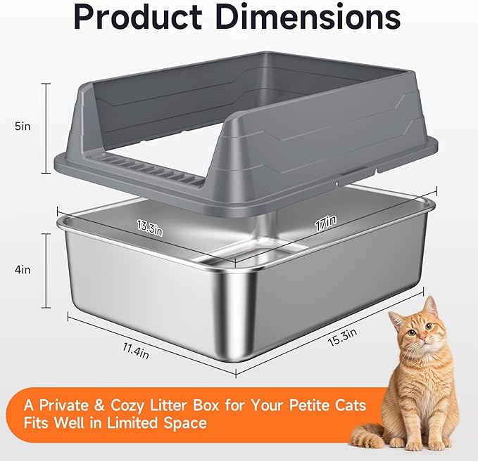 Stainless Steel Cat Litter Box, Odor Free Metal Litter Box with High Sides Lid, Open Top Low Entry Litter Pan Include Scoop Easy Cleaning Anti-Scratch Kitty Cat Box Anti-Urine Leakage, Non-Sticky