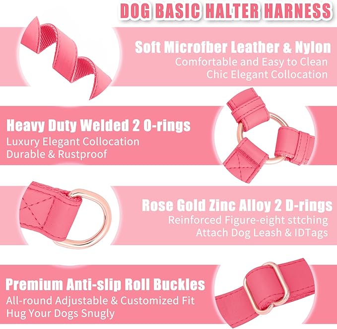 Soft Leather No Pull Dog Harness - Adjustable Step in Dog Harness with Rose Gold Heavy Duty Metal Buckle, Freedom Nylon Dog Halter Vests for Small Medium Large Dogs Easy Walking Training L, Dark Pink