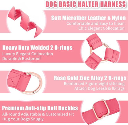 Soft Leather No Pull Dog Harness - Adjustable Step in Dog Harness with Rose Gold Heavy Duty Metal Buckle, Freedom Nylon Dog Halter Vests for Small Medium Large Dogs Easy Walking Training L, Dark Pink