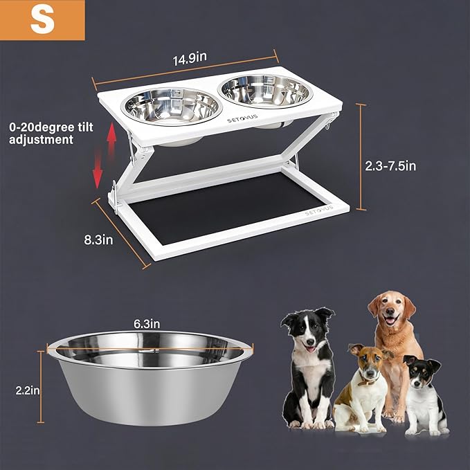 Elevated Dog Bowl, Anti-Slip Feeder, Adjustable Elevated Dog Bowl Stand, 0-20° Tilt Water Bowl with 2 Stainless Steel Food Bowls Dishwasher Safe, Suitable for Small Dogs, Puppies and Cats (White)