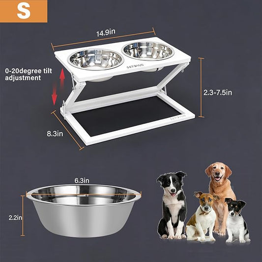 Elevated Dog Bowl, Anti-Slip Feeder, Adjustable Elevated Dog Bowl Stand, 0-20° Tilt Water Bowl with 2 Stainless Steel Food Bowls Dishwasher Safe, Suitable for Small Dogs, Puppies and Cats (White)