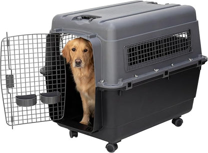 SportPet Airline Compliant X-LARGE 32.25" Travel Dog Kennel-Durable Plastic Airline Pet Carrier w/Removable Wheels & Food Bowls, Collapsible Indoor/Outdoor Dog Kennel, Dogs up to 32"L & 23"H-Dark Gray