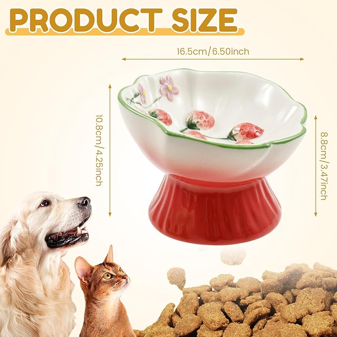 Raised Slow Feeder Cat Bowl, Ceramic Elevated Small Cat Food Bowl, 15°Titled Food Bowls Small Dogs Slow Feeder, Strawberry Shaped Cute Pet Dish for Dry and Wet Foods(Pink)