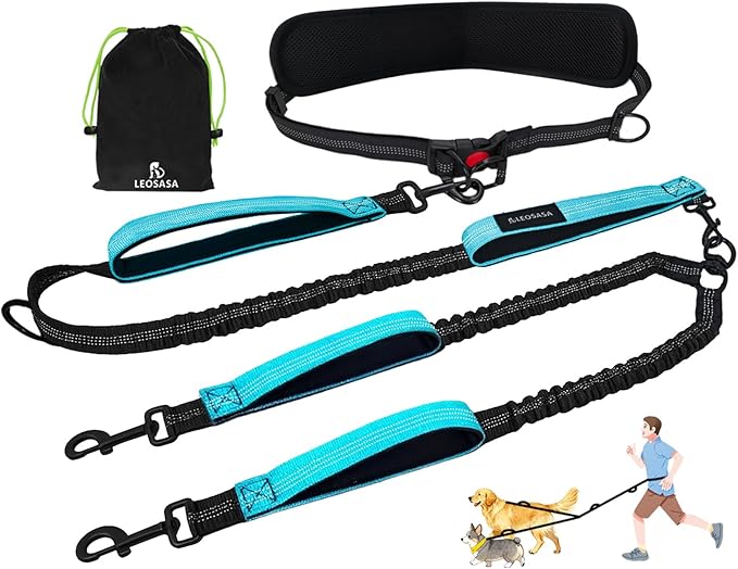 Hands Free Double Dog Leash for Two Dogs- No Tangle No Pull Dual Leash with Padded Adjustable Waist Belt & Reflective Stitching - Ideal for Running, Jogging, Hiking with Medium & Large Breeds