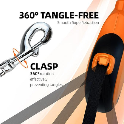 26Ft Retractable Dog Leash, Heavy Duty Great Leash for Dog up to 110 lbs, Anti-Slip Rubberized Handle, One-Handed Brake, Strong Nylon Tape, Tangle Free(Large，Orange&Black).