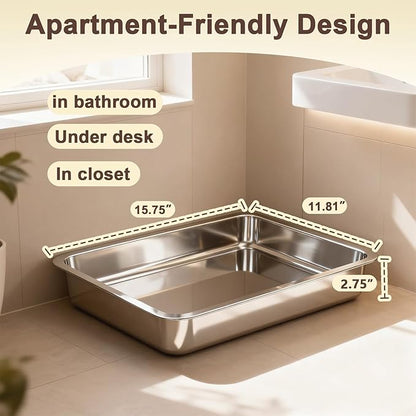 Low Entry Stainless Steel Cat Litter Box for Senior Cats, Metal Shallow Kitten Litter Box, Easy Access Kitty Litter Pan Tray, Easy Cleaning-15.75''Lx 11.81'' W x2.76'' H
