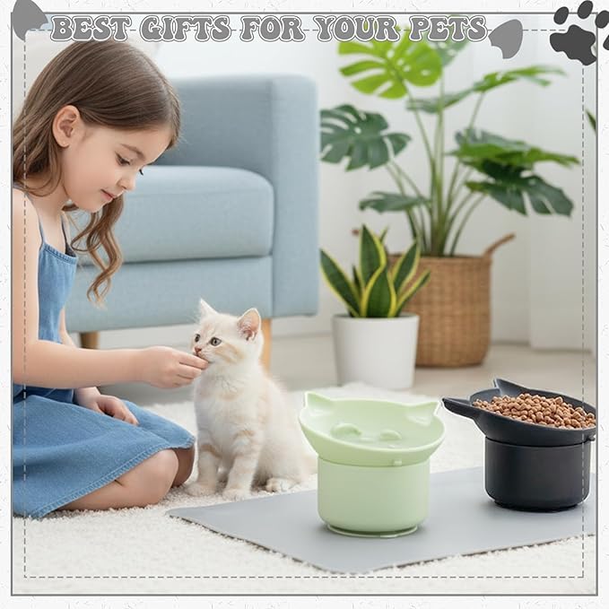2 Pack Black, Green Slow Feeder for Cat Bowls, Silicone Tilted Raised Pet Bowl with Non Slip Base for Digestion Anti Vomit