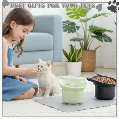 2 Pack Black, Green Slow Feeder for Cat Bowls, Silicone Tilted Raised Pet Bowl with Non Slip Base for Digestion Anti Vomit