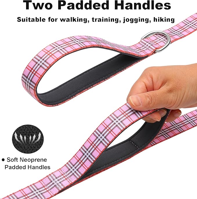 5ft Dog Leash with Two Padded Handles, Heavy Duty Strong Nylon Pet Leash with Soft Neoprene Handle for Small Medium Large Dogs, Pink Plaid