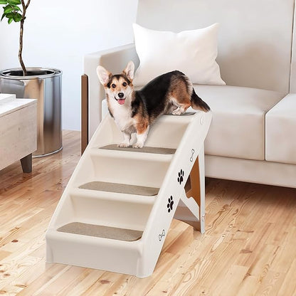 LEMY Non-Slip Foldable Steps Stairs for Dogs and Cats, 4-Step Portable Indoor Outdoor Pet Steps Ramp for Bed, Couch, Car, Tan