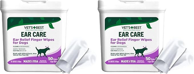 Vet's Best Ear Relief Finger Wipes, Ear Cleansing Finger Wipes for Dogs, Sooths & Deodorizes, 50 Disposable Dog-Wipes (Pack of 2)