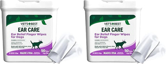 Vet's Best Ear Relief Finger Wipes, Ear Cleansing Finger Wipes for Dogs, Sooths & Deodorizes, 50 Disposable Dog-Wipes (Pack of 2)
