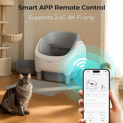 Automatic Cat Litter Box Self Cleaning, App Control, Open-Top Automatic Litter Box with Safety Sensors, Ultra-Quiet, 10.5L Waste Bin with Odor Control, 2 Rolls of Garbage Bags, Grey White