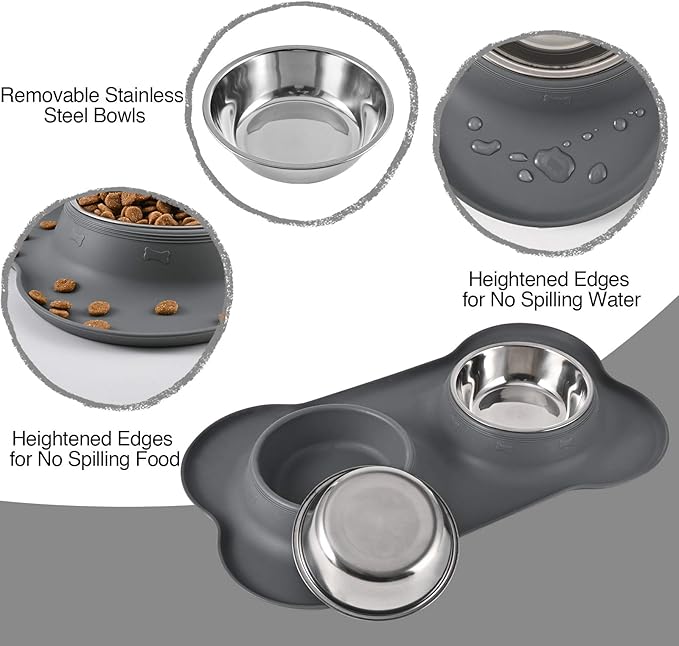 Dog Bowls 2 Stainless Steel Bowl for Pet Water and Food Feeder with Non Spill Skid Resistant Silicone Mat for Pets Puppy Small Medium Cats Dogs