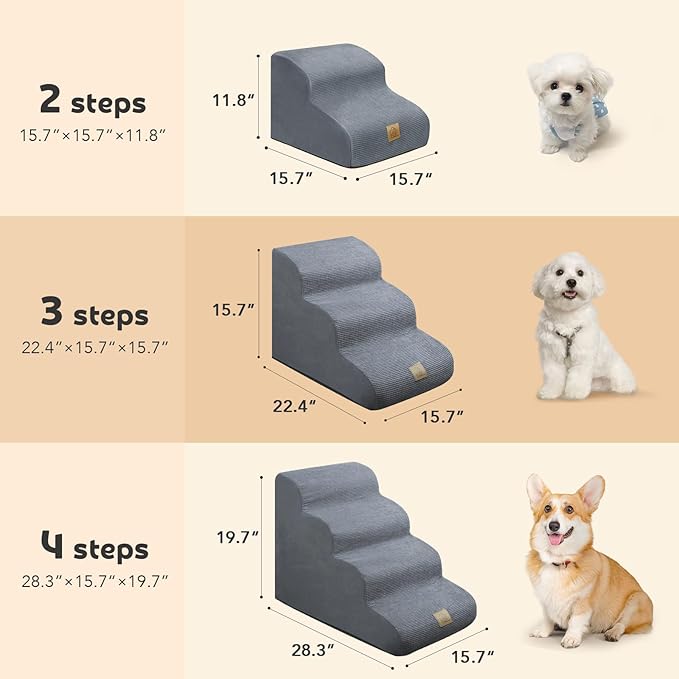 Mestuel Dog Stairs for Small Dogs, Pet Stairs for Couch Bed Sofa, Dog Steps Ramp Indoor with High Density Foam &Nonslip Bottom, Pet Stairs Hold up to 60 lbs, Gray