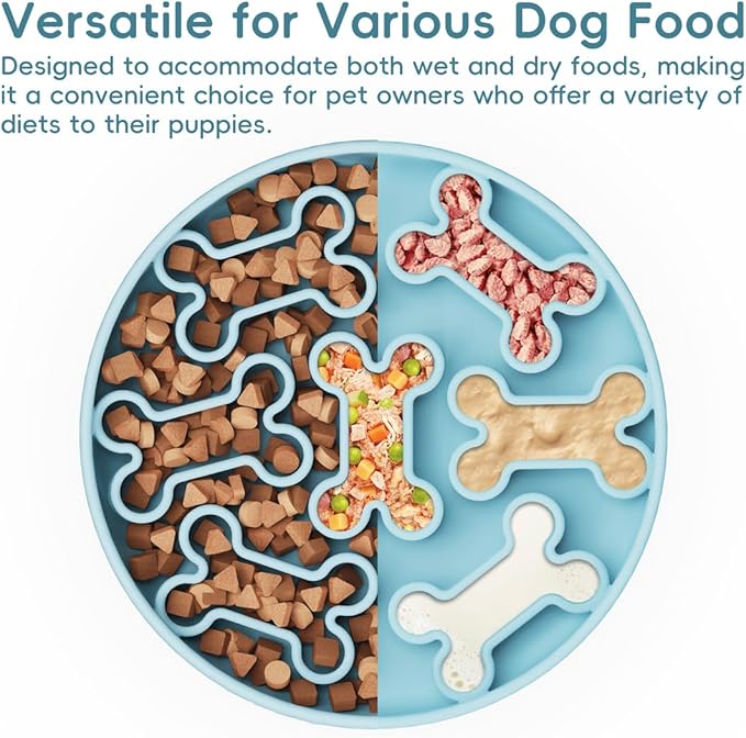 Silicone Slow Feeder Dog Bowl – Sky Blue Bone Pattern | Food-Grade Non-Slip Dog Dish for Anti-Bloat, Fast Eating Prevention, 7.5” x 1.5”, Dishwasher Safe