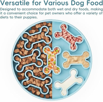 Silicone Slow Feeder Dog Bowl – Sky Blue Bone Pattern | Food-Grade Non-Slip Dog Dish for Anti-Bloat, Fast Eating Prevention, 7.5” x 1.5”, Dishwasher Safe