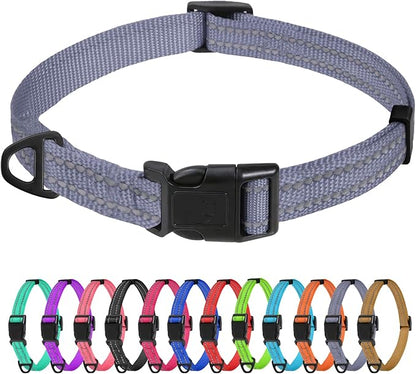 TagME Reflective Nylon Dog Collars, Adjustable Classic Pet Collar with Quick Release Buckle for Small Dogs, Grey, 5/8" Width