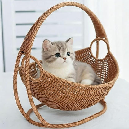 Cat Cradle Hammock Rattan Styles Cute Creative Hanging Kit with Stand Cups, Indoor Outdoor Hanging Swing Bed for Cats, Small Dogs & Small Animals, Ideal for Sleeping, Playing & Lounging (Small)