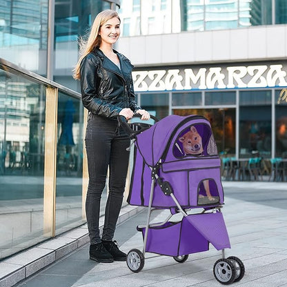BestPet 3 Wheels Pet Stroller Dog Cat Cage Jogger Stroller Waterproof Puppy Travel Folding Carrier with Cup Holder,Purple