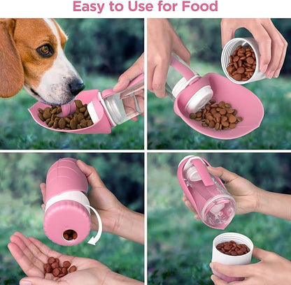 Uppetly Dog Water Bottle, Pet Water Bottle with Food Container and Drinking Feeder, Leak Proof, BPA-Free, Portable Foldable Puppy Water Cup Dispenser for Outdoor Walking, Travel, Hiking Small Pink