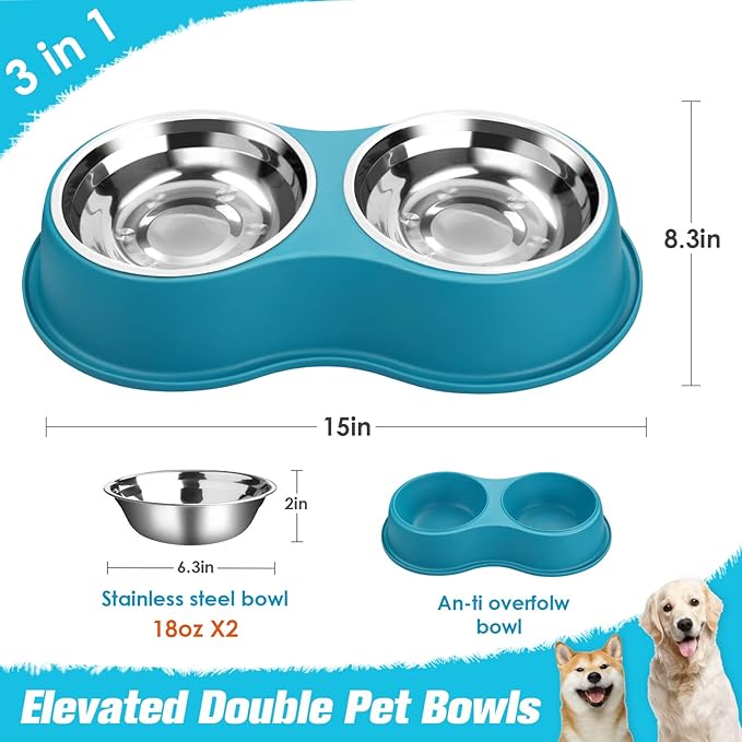Dog Bowls Double Dog Water and Food Bowls Stainless Steel Bowls with Non-Slip Resin Station, Pet Feeder Bowls for Puppy Medium Dogs Cats