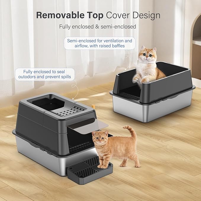 Stainless Steel Litter Box with Lid, XL Extra Large Enclosed Cat Litter Box Fits All Cats Modular Design with Flip Cover, Top Entry Metal High Sided Cat Box & Pedal & Scoop (Black)