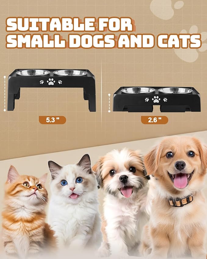 Elevated Dog Bowls for Small Dogs and Cats, Non-Slip Cat Bowls with 2 Thick 5.5" Stainless Steel Dishes, Dog Feeder 2 Heights Adjustable to 2.6"-5.3"