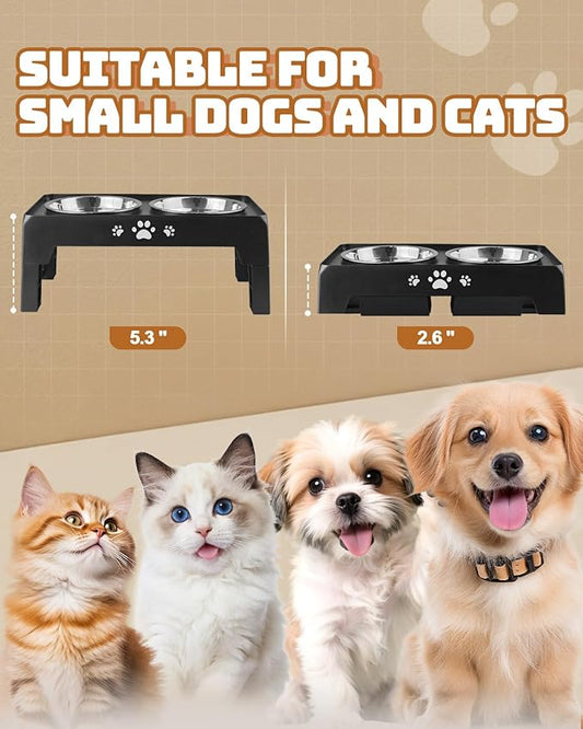 Elevated Dog Bowls for Small Dogs and Cats, Non-Slip Cat Bowls with 2 Thick 5.5" Stainless Steel Dishes, Dog Feeder 2 Heights Adjustable to 2.6"-5.3"