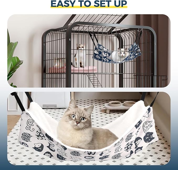 Cat Hammock for Cage Hanging Reversible 2Pack,Pet Hammock Bed Adjustable,Soft Sleeping Hammock for Cats,Ferret,Puppy,Rabbits,Small Animals (M, CAT)