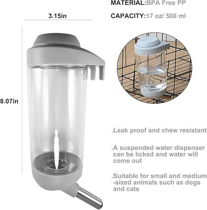 Dog Crate Water Bottle - 17 oz No Drip Kennel Pet Water Dispenser, Easy-to-Use Cage Water Bottle for Dogs, Cats, Small Animals, 500ML, Grey