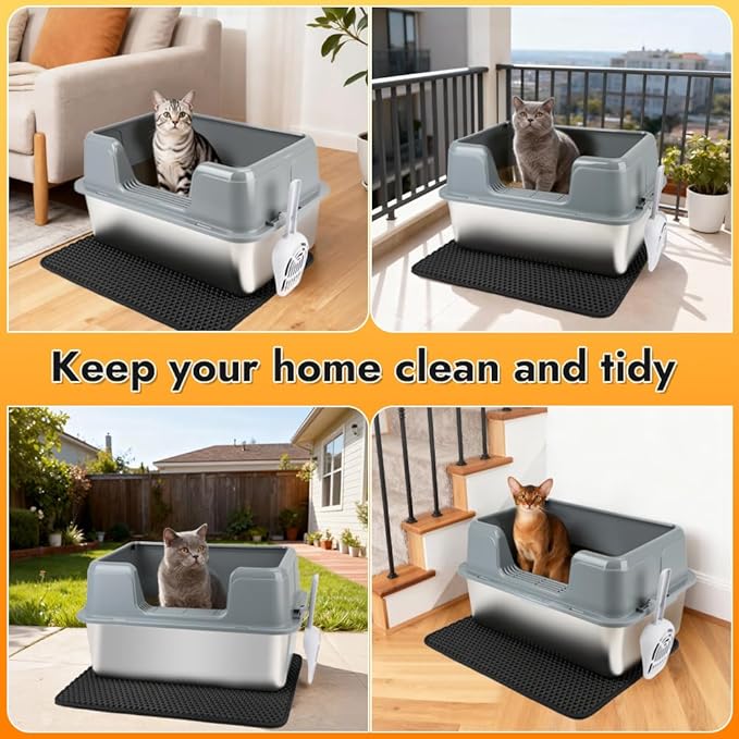 Vivifying XL Stainless Steel Cat Litter Box, High Side Metal Litter Pan with Scoop and Mat for Big Cats, Kittens, Rabbits and Hamsters, Easy Cleaning Design (Gray)