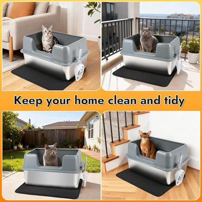 Vivifying XL Stainless Steel Cat Litter Box, High Side Metal Litter Pan with Scoop and Mat for Big Cats, Kittens, Rabbits and Hamsters, Easy Cleaning Design (Gray)