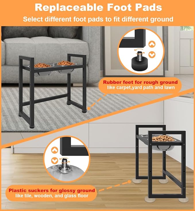 Elevated Dog Bowls Stand with 2 Stainless Steel Food & Water Bowls for Large Medium Small Dogs, Adjustable Raised Dog Bowl with Non-Slip Plastic Sucker for Pet,Black