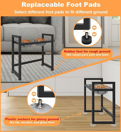 Elevated Dog Bowls Stand with 2 Stainless Steel Food & Water Bowls for Large Medium Small Dogs, Adjustable Raised Dog Bowl with Non-Slip Plastic Sucker for Pet,Black