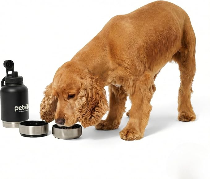 Portable Dog Water Bottle - 3 in 1 Insulated Stainless Steel Travel Bowl & Food Dispenser with Leak Proof Magnetic Lid - Dog Accessories for Walking, Hiking, Outdoor, Camping (32oz Black)