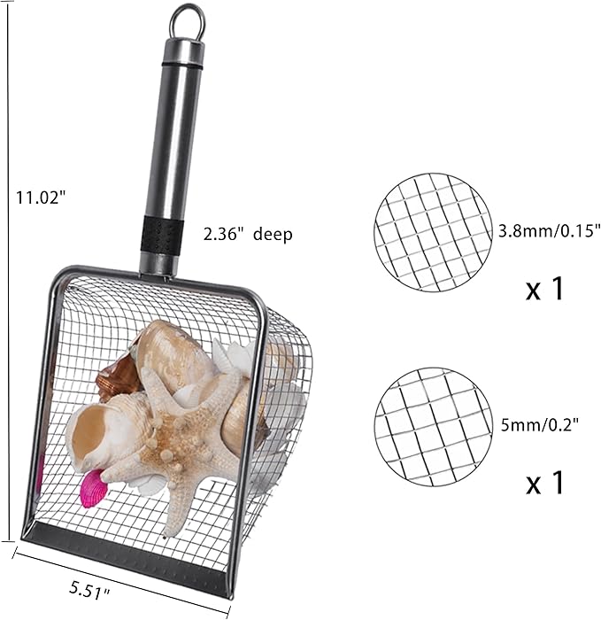 2-Pack Stainless Steel Cat Litter Scoop, 3.8mm Fine Mesh & 5mm Metal Scooper, 5.5-Inch Wide Deep Shovel, Long Handle, Rustproof Cat Poop Scooper for Clumping Litter, Multi-Pet & Beach Sand