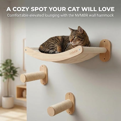 NVMBR Cat Wall Furniture Lounge with Sisal Stairs Set, 16 inch Stud Design, Easy Install Mounts, Holds up to 33 lbs Climber Indoor Perches for Walls, Shelf Hammock with Saftety Bar
