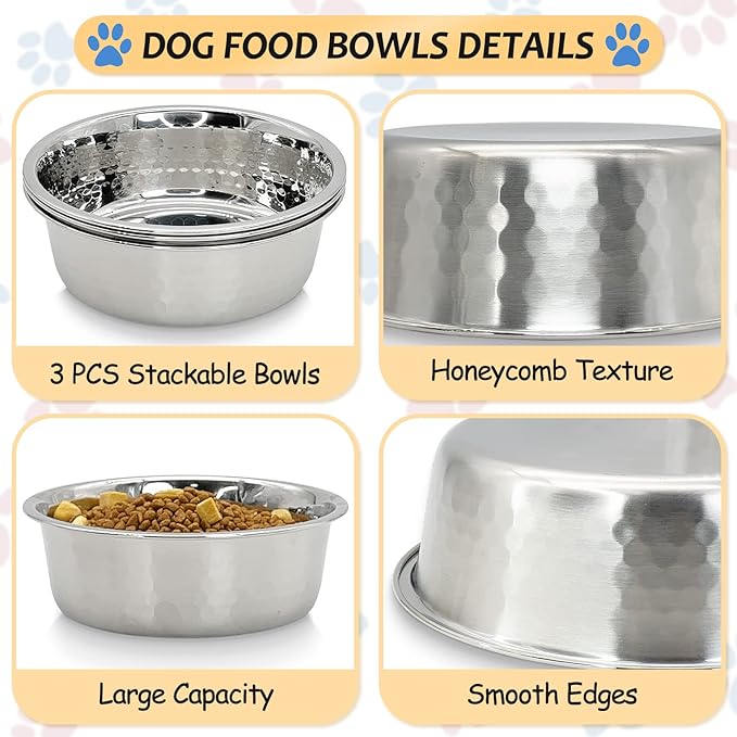 Fhiny 3 Pack Hammered Stainless Steel Dog Bowls, 8 Cups/64 Oz Premium Metal Puppy Feeder Bowl Set for Raised Feeding Station Basic Kitten Food & Water Dishes for Small & Medium Pets Dishwasher Safe