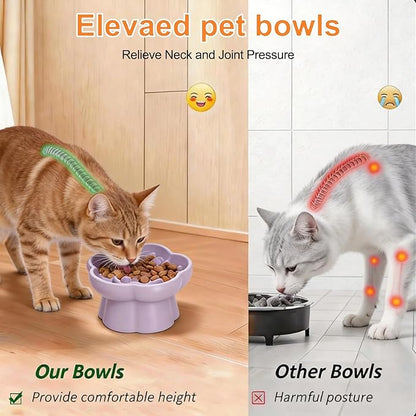 Cat Slow Feeder Flower-Shaped Ceramic Slow Feeder Cat Bowl, Tilted Raised Cat Slow Feeder Bowl for Whisker Relief, Prevents Vomiting & Bloating, Non-Slip Base, Cat Bowls for Dry and Wet Food - White