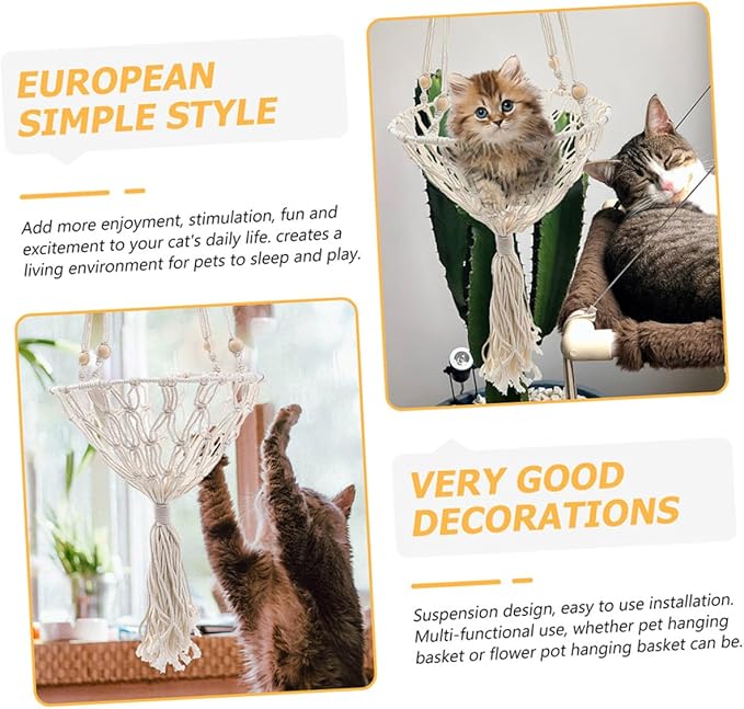 BESPORTBLE Bohemian Woven Hanging Cat Hammock Sturdy 40cm Cat Nest for 20-30lbs Pets Indoor Hanging Bed Household Supply