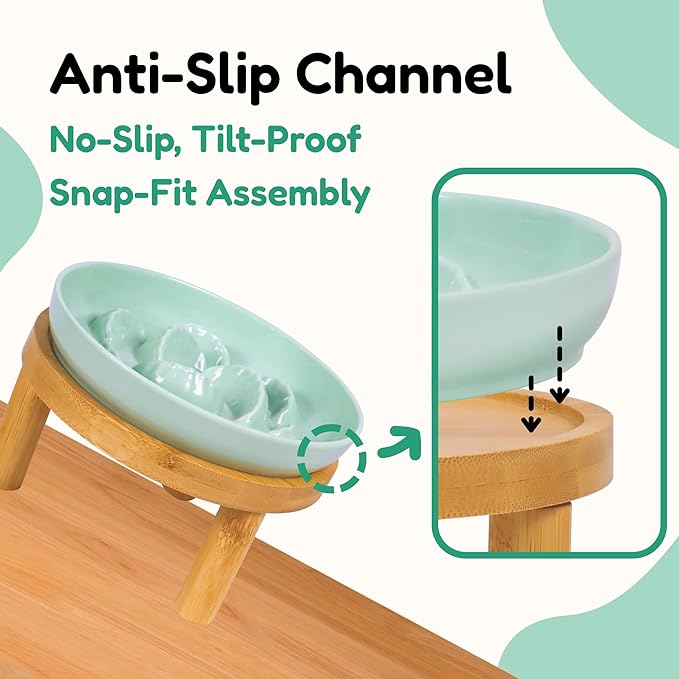 Slow Feeder Bowl, 6.3″ Elevated Cat Bowl with Stand, Melamine Wide Shallow Food Bowl, Whisker-Friendly Raised Plate, Wet Food Feeder for Slow Eating (Green)