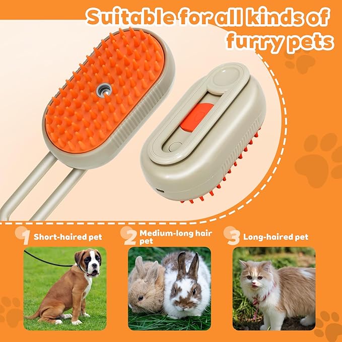 2025- New cat steam brush, 4-in-1 cat steam brush, for massaging and cleaning fallen pet hair, suitable for cats, dogs, rabbits and other pets (khaki + white) -2 pieces (Khaki color)