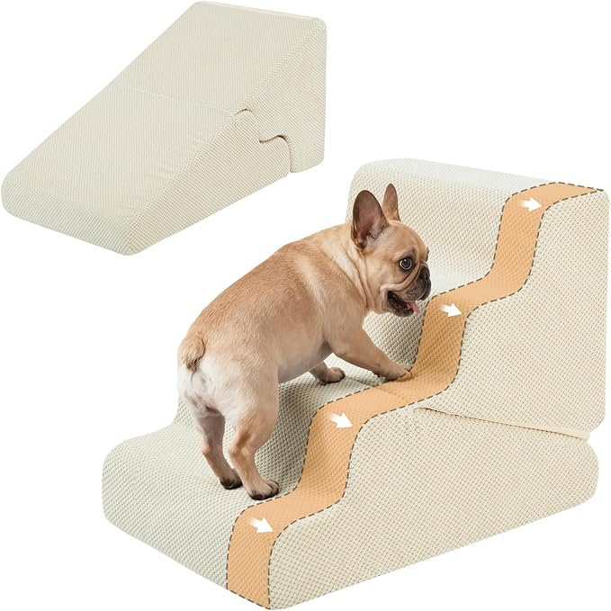 Dog Ramp for Bed, Extra Wide 20" Width Dog Stairs for High Bed, 2 in 1 Pet Steps for Small Dogs, 4-Step Foldable Transformable Large Cats Ramp to Get on Couch, Non-Slip Balanced, Beige