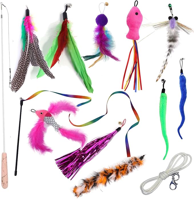 Cat Teaser Wand Set for Indoor Cats (13 Pack) - Retractable with Feather Refills, Interactive Toy to Boost Exercise & Relieve Boredom