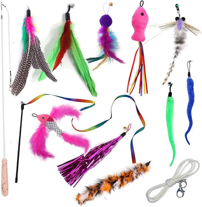 Cat Teaser Wand Set for Indoor Cats (13 Pack) - Retractable with Feather Refills, Interactive Toy to Boost Exercise & Relieve Boredom